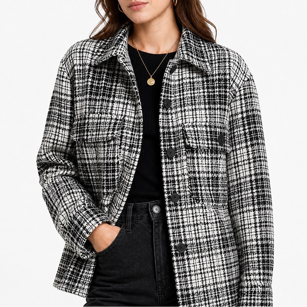 Zara Black White Boucle Plaid Shacket Relaxed Fit Small